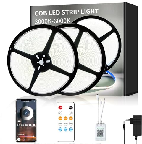 Yeewhale COB Led Strip 30m,DC 24V 6000k Weiß flexible Dimmbar LED Streifen | COB LED band mit Fernbedienung,APP Steuerung,anwendbar auf Schlafzimmer, Raum,Schrank,DIY Dekoration(2 Rollen von 50ft)