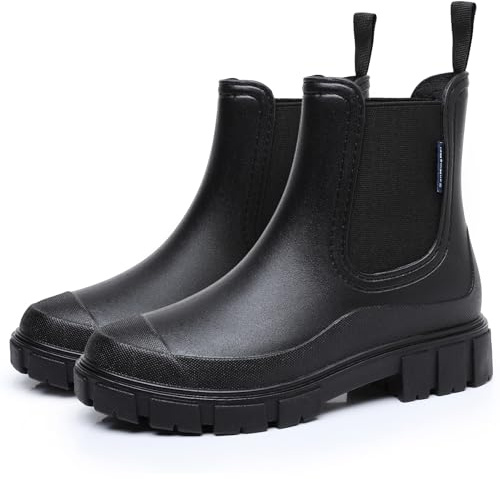 FOGOIN Wellington Boots Women Ankle Wellies Ladies Short Chelsea Booties Waterproof Rain Boots Slip-on Black 6UK/40EU