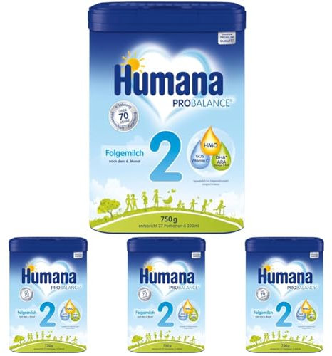 Humana PROBALANCE Folgemilch 2, nach dem 6. Monat, Babynahrung im Anschluss an das Stillen oder einer Anfangsnahrung, ideal zum Zufüttern oder als alleinige Milchnahrung, 750 g (Packung mit 4)