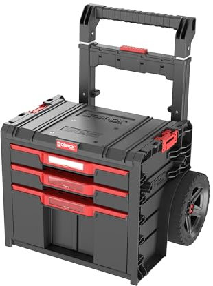 Chariot à outils mobile avec 3 tiroirs : la boîte à outils Qbrick offre 2 petits (4,5 L) et 1 grand tiroir (12 L) avec rail métallique et verrouillage automatique.