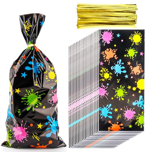 Zi Lan 50 bolsas de celofán con estampado artístico para regalos de fiesta, bolsas de golosinas de colores neón para decoraciones de fiestas con temática de pintura artística