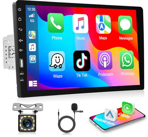 Motorsi Autoradio 1-DIN, Câblé Apple CarPlay et Android Auto, écran Tactile HD 9 Pouces, Bluetooth Stéréo, Mirror Link/Commandes au Volant/FM/AM, Radio Stéréo avec Entrée Microphone Arrière
