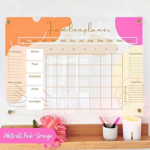 EmiliaLotte Personalisierter Familienplaner aus hochwertigem Acryl I Abwischbarer Wand Kalender für die ganze Familie I Wiederverwendbarer Monatsplaner mit Einkaufsliste, Menüplan & Mehr - Abstrakt