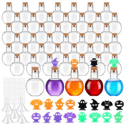 Bokon 36 Pack Mini Plastic Bottles with Corks Funnels Plastic Potion Bottles Tiny Clear Sand Art Jar Wishing Vial Witch Potion Jars for Decorations Birthday Party DIY Crafts Gift(Spherical)