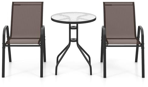 KOMFOTTEU Juego de Bistró de Tejido Textileno, Conjunto de Jardín de 3 Piezas con 2 Sillas Textilene y 1 Mesa de Cristal, Juego de Conversación para Balcón, Terreza, Patio (Marrón)