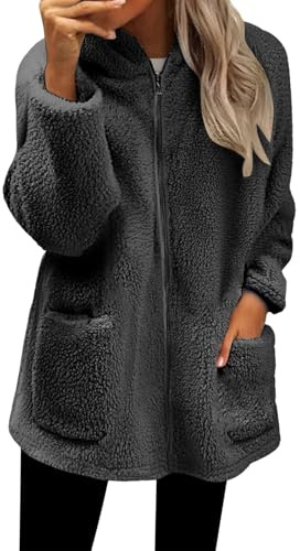 Winter Jackets For Women Uk Womens Fleece Hoodie Jacket Winter Warm Soft Fluffy Fuzzy Teddy Hooded Coat Full Zip Up Thick Cardigan with Pockets Ladies Sherpa Hoodie Blanket Jumper Hoody Overcoat