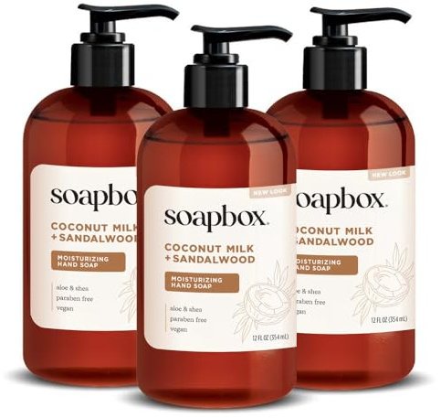 Soapbox Liquid Hand Soap, Coconut Milk & Sandalwood, Gentle & Moisturizing Hand Wash for Kitchen and Bathroom, Vegan & Cruelty Free Scented Hand Soap 12 Ounce Pump Bottles (Pack of 3)