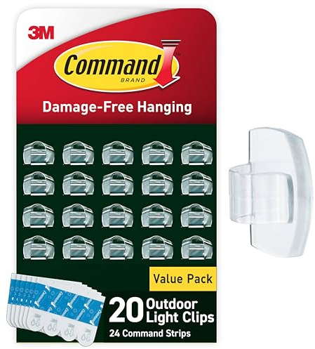 Command Outdoor Light Clips, 20 Clear Clips and 24 Command Strips, Damage-Free Hanging Outdoor Light Clips with Weather Resistant Strips, Wall Clip for Hanging Outdoor Lights and Cable Management