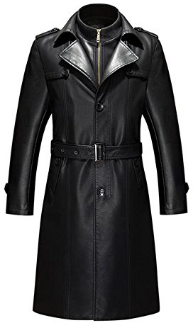 Duberess Mens Double Collar Long Trench Coat Long PU Leather Jacket Parka (S-XL) (M, Black no fleece)