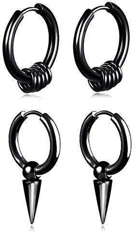Mens Hoop Earrings With Cross Feather Cone Ball Chain Dangle Black Silver 316L Stainless Steel Punk Hip Hop Rock Gothic Style Kpop Asymmetric Earrings For Men Women