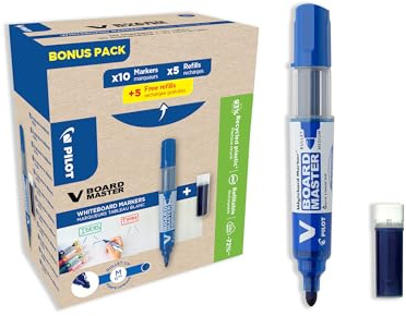 PILOT - Set mit 10 V-Board Master + 10 Nachfüllungen - Whiteboardmarker Trocken Abwischbar - Flüssigtinte in Intensiven Farben - Nachfüllbar - Blau - Mittlere Spitze