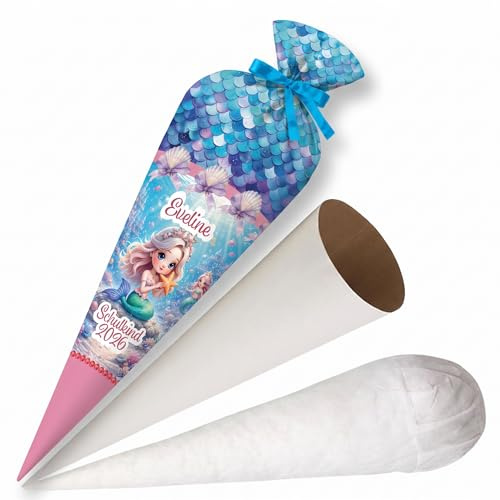 Schultüte Mädchen Meerjungfrau mit Namen Personalisierte Tüte aus Stoff 70 cm Zuckertüte mit runde Papprohling und Füllung aus Silikonkügelchen große Tüte als Kissen