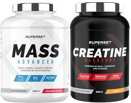 Superset Nutrition | Programme Prise De Masse Avancé - Mass Advanced 2,5kg Fraise Yogourt - Créatine Hardcore 1,5 kg Orange | Augmente la prise de masse et intensifie la force et le volume