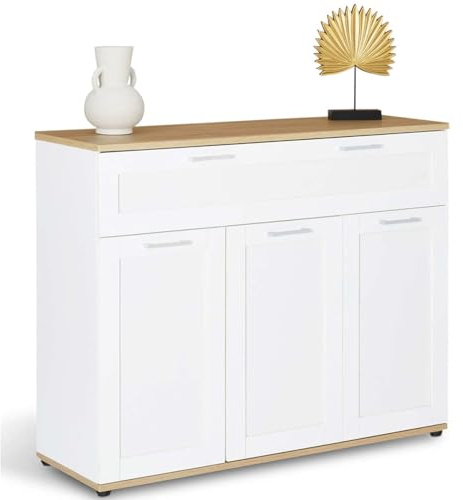 IDMarket - Buffet 100 cm VITO 3 Portes et 1 tiroir Blanc et Plateau Bois