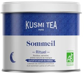 Kusmi Tea - Rituel Sommeil Bio - Infusion Bio Relaxante à la Mangue - Tisane pour Dormir sans Théine - Rooibos, Mélisse et Verveine - Boîte Thé Métal 100g - Quantité pour environ 50 Tasses