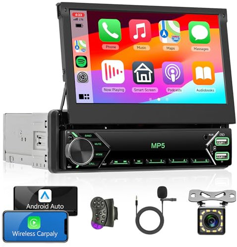 Rimoody Carplay Autoradio 1 Din avec Android Auto Bluetooth 7 Pouces Manuel Rétractable Écran Autoradio avec Mirror Link FM Radio USB/EQ/AUX/Type C Commandes au Volant Caméra de Recul