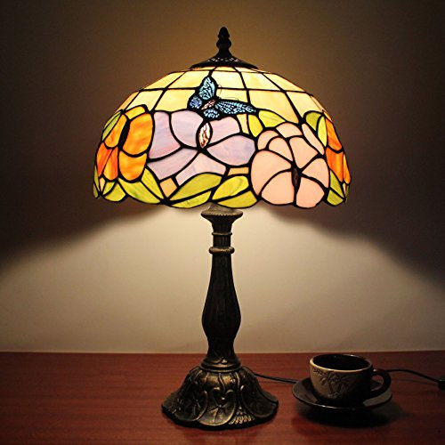 Faucet 12-inch Butterfly Vintage Pastoral Gorgeous Flowers Stained Glass Tiffany Table lamp Bedroom lamp Bedside lamp water-tap