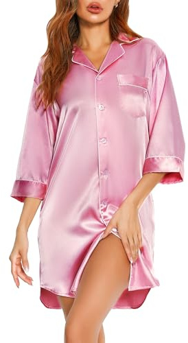 Vlazom Dam Nattlinne Satin Knappar Långärmad Elegant Vintertröja, Glänsande rosa, L