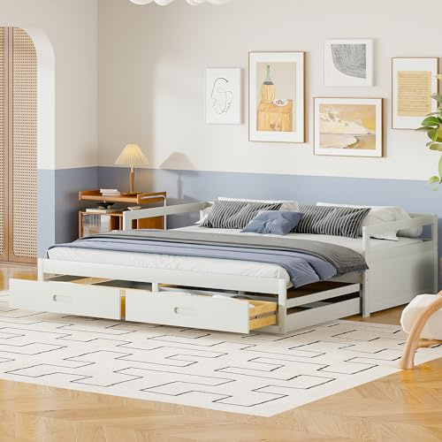 Idemon Sofá cama extensible 90/180 x 200 cm con cajones y somieres, cama de pino con espacio de almacenamiento, color blanco