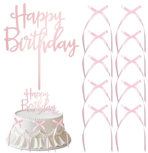 JJUNW 10 hojas rosas para decoración de tartas, incluye 1 placa de 'feliz cumpleaños', perfecto para cumpleaños, bodas y otras ocasiones especiales