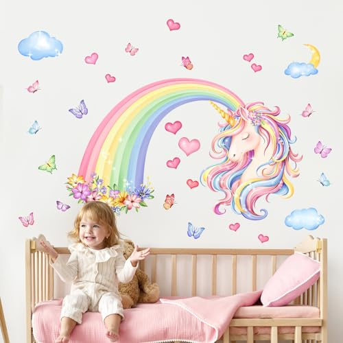 Supzone Wandtattoo Regenbogen Einhorn Mädchen Wandaufkleber Einhorn Herze Rosa Wandsticker Kinderzimmer Mädchen Schlafzimmer Babyzimmer Wohnzimmer