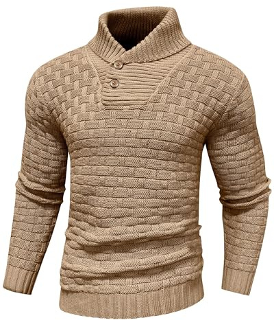 LIAMERHE Clásico Jersey para Hombre Manga Larga Suéter Sudadera De Punto Tejido Grueso para Hombre Suéter con Cuello Alto Jerséis con Dos Botones Invierno Pullover Sweater Café XL