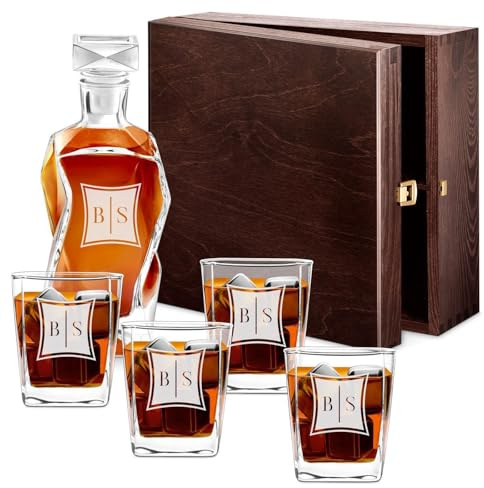 Maverton Whiskey Karaffe + 4 / 6er Whiskygläser Set mit Gravur - 700ml Whisky Dekanter - Weihnachtsgeschenke - Geschenk zum Geburtstag für Männer - Initialien