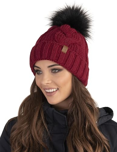 Vivisence Cappello Invernale da Donna con Pompon Fodera in Pile Soffice Filato Caldo E Morbido Elastico E Confortevole Design Elegante Ideale per Giornate Fredde, Bordo,Taglia Unica