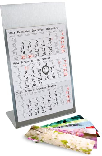 Timr Tischkalender zum Aufstellen aus Edelstahl I Natur-Motive I für 2 Jahre 2026/2027 I 3-Monats-Kalender Block Magnet I mehrsprachig D/GB/F I Silber matt klein I tr083