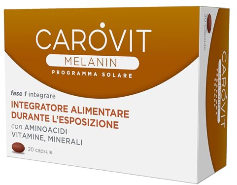 Carovit Melanin, Programma Solare, 20 Compresse, Integratore Abbronzatura, Stimola Melanina, Indicato Durante l'Esposizione al Sole, con Vitamine, Aminoacidi, Minerali e Acido Lipoico