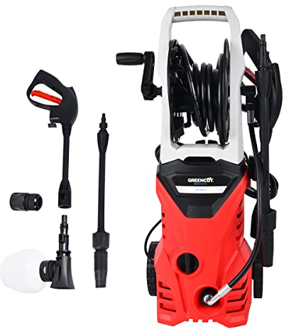 GREENCUT JET140C-4 - Hidrolimpiadora eléctrica 1400W, presión 105bar, Alta presión, caudal 7l/min, Lanza, Boquilla Regulable, Botella jabón, Conector HPC, Adaptador Entrada y Aguja Limpieza
