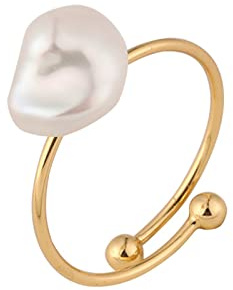 LOOYUUPEE Natural Freshwater Baroque Pearl Ring for Women, Dainty Minimalist Adjustable Rings Band Gold Pearl Charm Ring Jewelry for Mom Lover Her (14K Gold Plated)