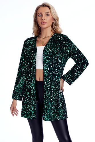 THANKPEARL Women's Sequin Jacket Sparkly Blazer Open Front Glitter Cardigan Long Sleeve Coat for Casual Party Cocktail Green,3XL
