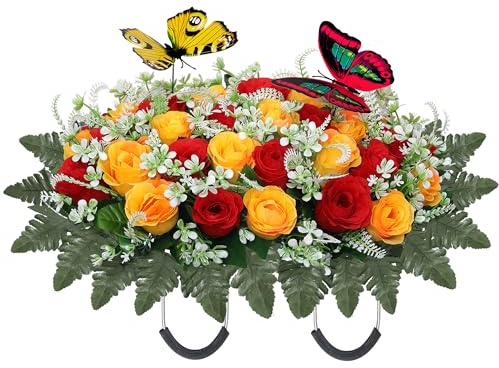 Artificial Cemetery Flowers for Grave,Large Headstone Flower Saddle Realistic Grave Flowers Memorial Silk Rose Flowers with Butterflies for Headstone Grave Decoration Non-Fading Easy Fit (Red Yellow)