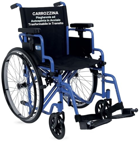 REMEDIA ONE - Carrozzina Pieghevole ad Autospinta in Acciaio Azzurra - Sedia a Rotelle per Anziani e Disabili Trasformabile in Transito