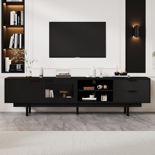 FammyLoft 200cm TV Lowboard mit 2 Türen und 2 Schubladen, Stilvolle TV Schrank für 80-Zoll, Fernseher Schrank für Wohnzimmer, TV-Tisch, TV-Ständer, Schwarz