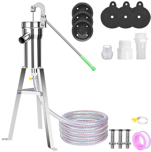 Pompe à Main de Puits,Pompe D'Aspiration en Acier Inoxydable,Pompe De Puits Manuelle En Acier Inoxydable,Équipé d'un support de 58 centimètres et d'un tuyau de 5 mètres pour Maison,Cour,Jardin
