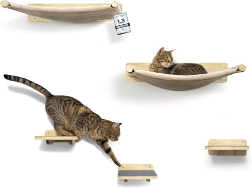 WOOWOOD 2 x klättervägg katter – 2 x kattrappvägg [massivt trä] – klösträd vägg – hängmatta katt – väggklösträd – kattvägg – klättervägg set (5 delar)