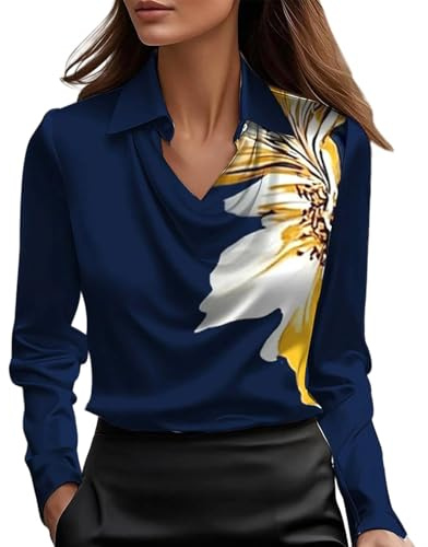 Blouse élégante en satin pour femme, grande taille, couleur unie, chic, basique, haut à manches longues, col en V et soie, chemise ample, mode, bureau, mariage, A12 Bleu marine, XXXL