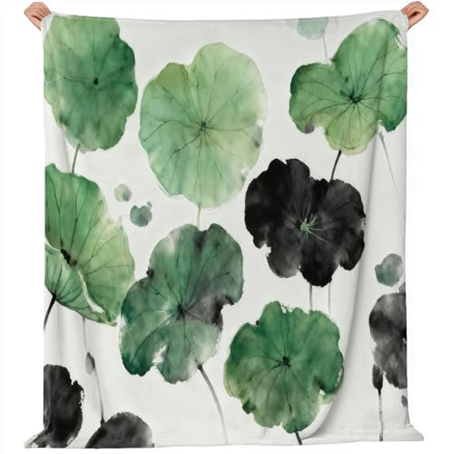 Decke Lotusblätter-Tuschemalerei, traditionelle Kuscheldecke, Optimalweich 150 x 200 cm Leicht Super Weicher Flannel Fleece-Decken Bedruckt Flauschige Warme Decken Für Bett, Sofa Grün