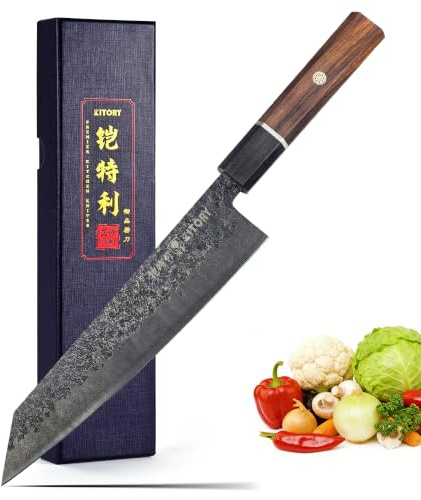 KITORY Japanskt Kiritsuke-kniv 20 cm, Professionell kökskniv med superskarp klinga och elegant handtag av svart trä & rött gummifyrkant – Perfekt för kockar, sushi-mästare och finsmakare