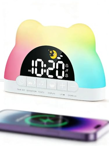Tafunkun Kids Alarm Clock, OK to Wake Toddler Clock with Sun & Moon, 11 RGB Night Light Colours, Dual Alarms, 10 Sleep Sounds, Digital Bedside Clock for Girls Boys Teens, Child Lock, Type-C Powered