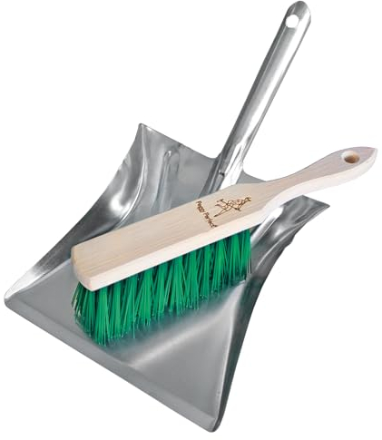 Peggy Perfect Kehrgarnitur Kehrset mit Buchenholz Handbesen und verzinkter Metallschaufel. Widerstandsfähiges und praktisches Industrie und Gartenkehrset mit grünen Elastonborsten