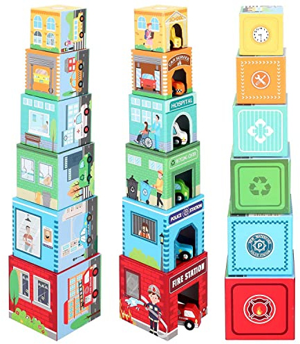 SOKA 12pcs Stacking and Sorting Cubes Wooden Balancing Buildings & Vehicles Fire Engine Police Car Ambulance Educational Blocks Toy Set Gift for Kids Children Boy Girl Ages 12 month old +