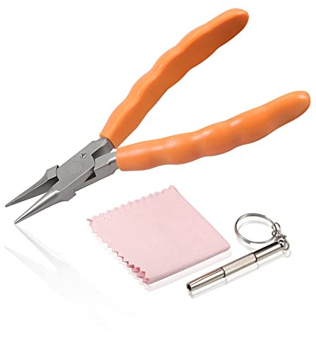 LEONTOOL Pince à bec de chaîne de 15,2 cm en acier inoxydable - Pince de réparation de lunettes - Outils optiques - Pince à bec aiguille - Pince à lunettes avec tournevis et chiffon à lunettes