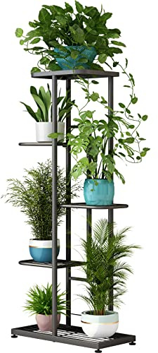 LINZINAR Soporte de metal para plantas de 5 niveles y 6 macetas para interiores y exteriores, color gris oscuro