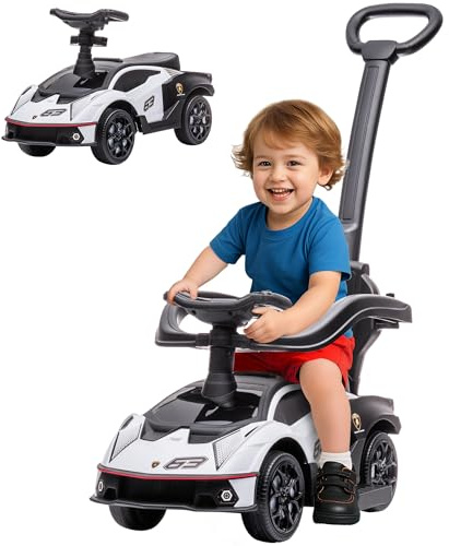 AIYAPLAY Licensed 2 in 1 Baby Ride on Push Car Toddler Push Along Car with Parent Handle Foot To Floor Slider with Horn Steering Wheel NO POWER for 1-3 Years, White