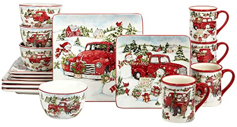 Red Truck Snowman 16pc Ceramic Dinnerware Set, Service for 4 – Bring holiday cheer to every meal with festive red trucks, snowmen, and trees, perfect for holiday gatherings and winter entertaining