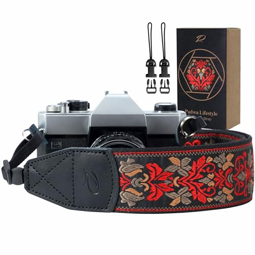 Cinghia per fotocamera – 5,1 cm Retro Jacquard Ricamo Multi-motivo Cinghie per fotocamera regolabile, ampia tracolla con testa in vera pelle per tutte le fotocamere digitali DSLR/SLR