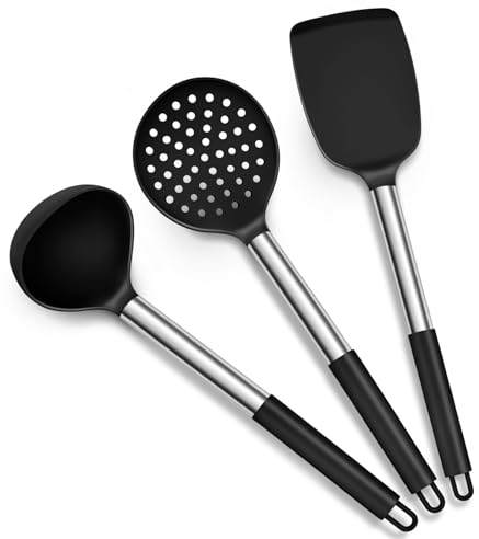 TEAMFAR Küchenhelfer Set, 3 Stück Silikon Pfannenwender Küchenutensilien Set mit Edelstahlgriff, Hitzebeständiger Antihaft Schwarz Kochbesteck zum Kochen/Backen, Leicht zu Reinigen & Spülmaschinenfest